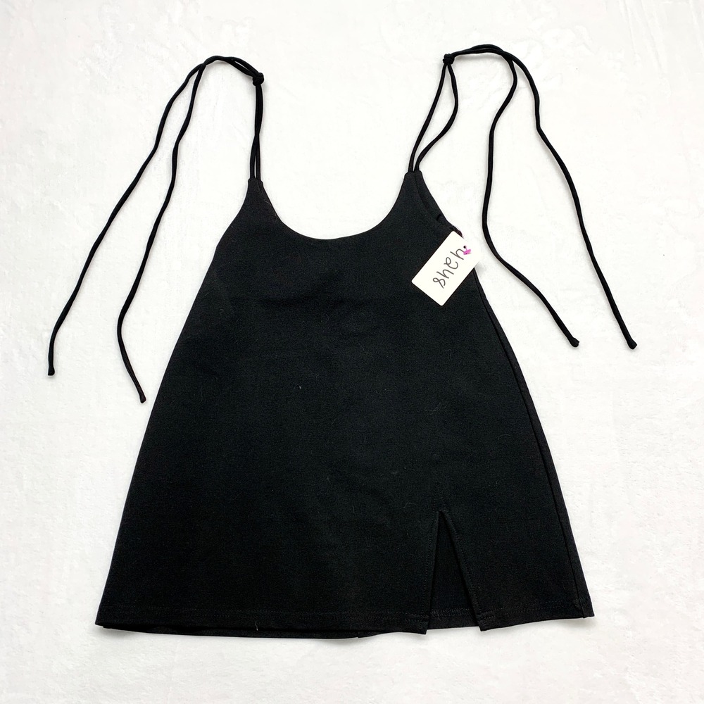 Tiger Mist Mini Top Womens Size XS Black Tie Strap Slit Rayon Blend Y2K Sexy